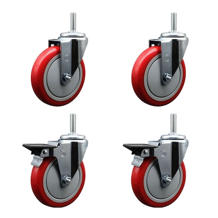 Service Caster 5 Inch Red Polyurethane Wheel Swivel 34 Inch Threaded Stem Caster Set 2 Brakes SCC SCC-TS20S514-PPUB-RED-34212-2-PLB-2
